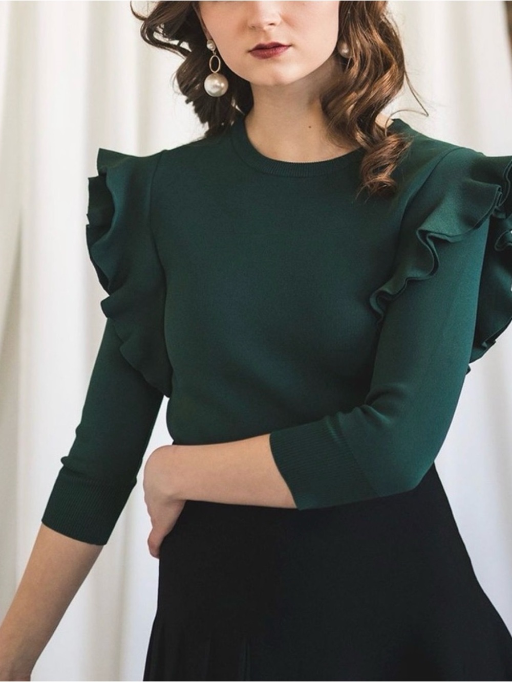 APPARALEL Women’s Emerald Green Long Sleeve Ruffle Shoulder Sweater Size Large